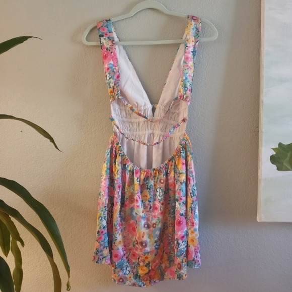 Beginning Boutique Floral Pastel Ice Blue Pink Butter Yellow Rainbow Mini Dress - Picture 3 of 5